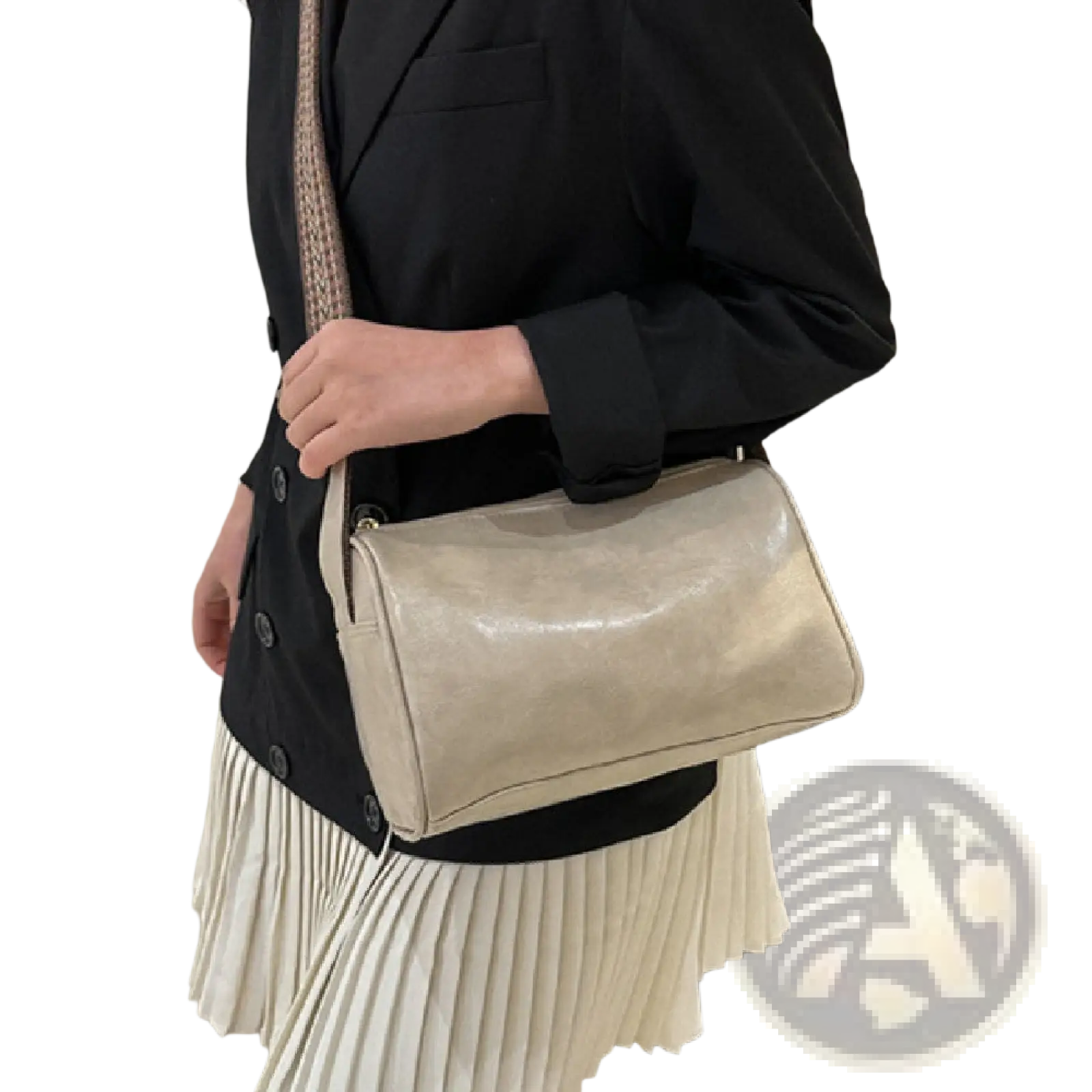 Beige patent leather retro crossbody bag with textured woven patterned strap for stylish everyday use