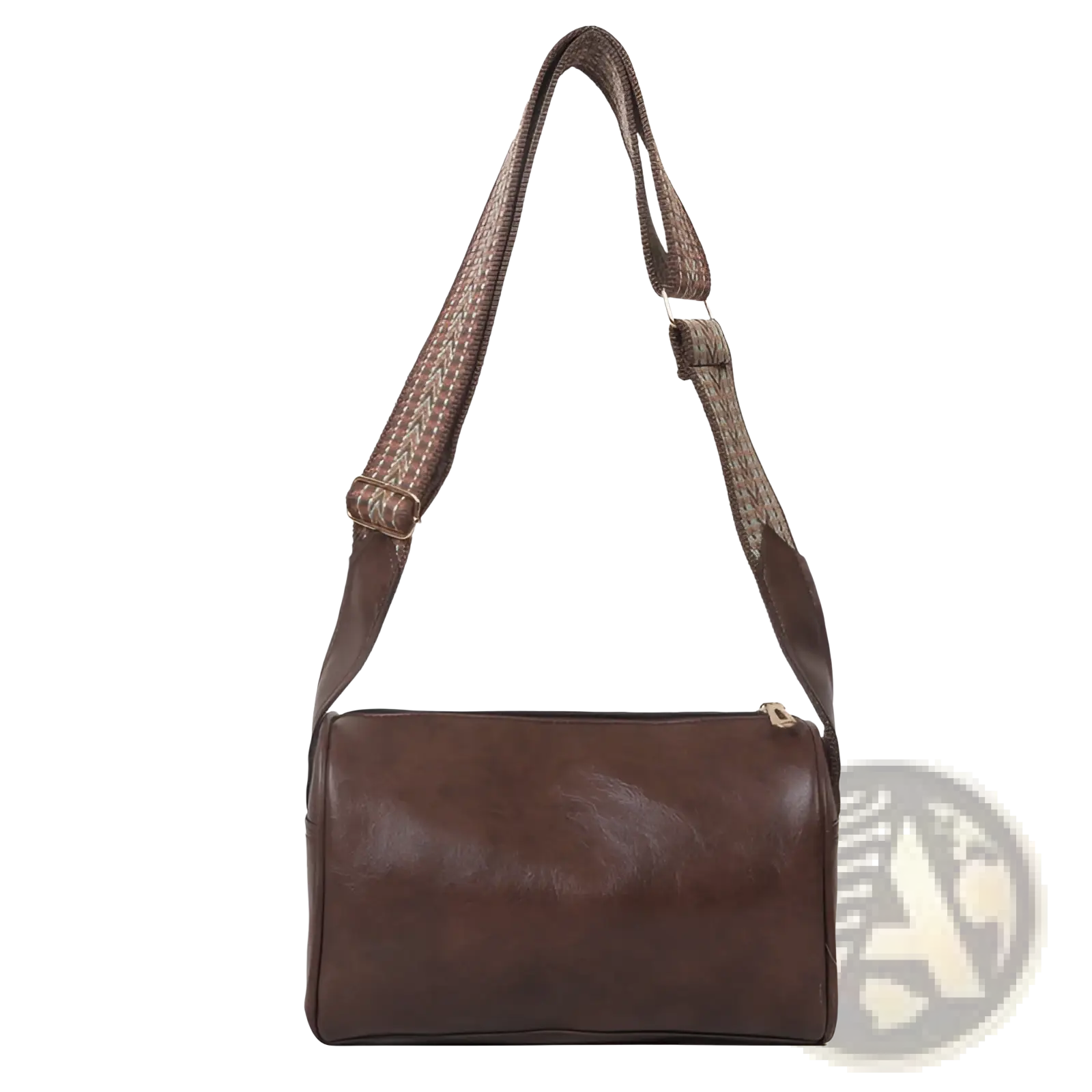 Brown leather retro crossbody bag with textured woven strap and gold-tone zipper for stylish everyday use