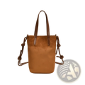 Retro leopard print suede mini bucket crossbody bag in tan suede with brown leather handles and knotted shoulder strap