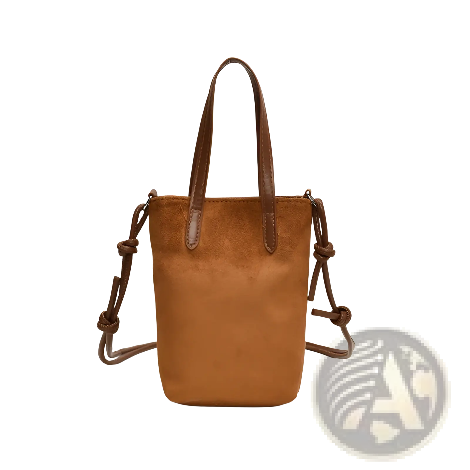 Retro leopard print suede mini bucket crossbody bag in tan suede with brown leather handles and knotted shoulder strap