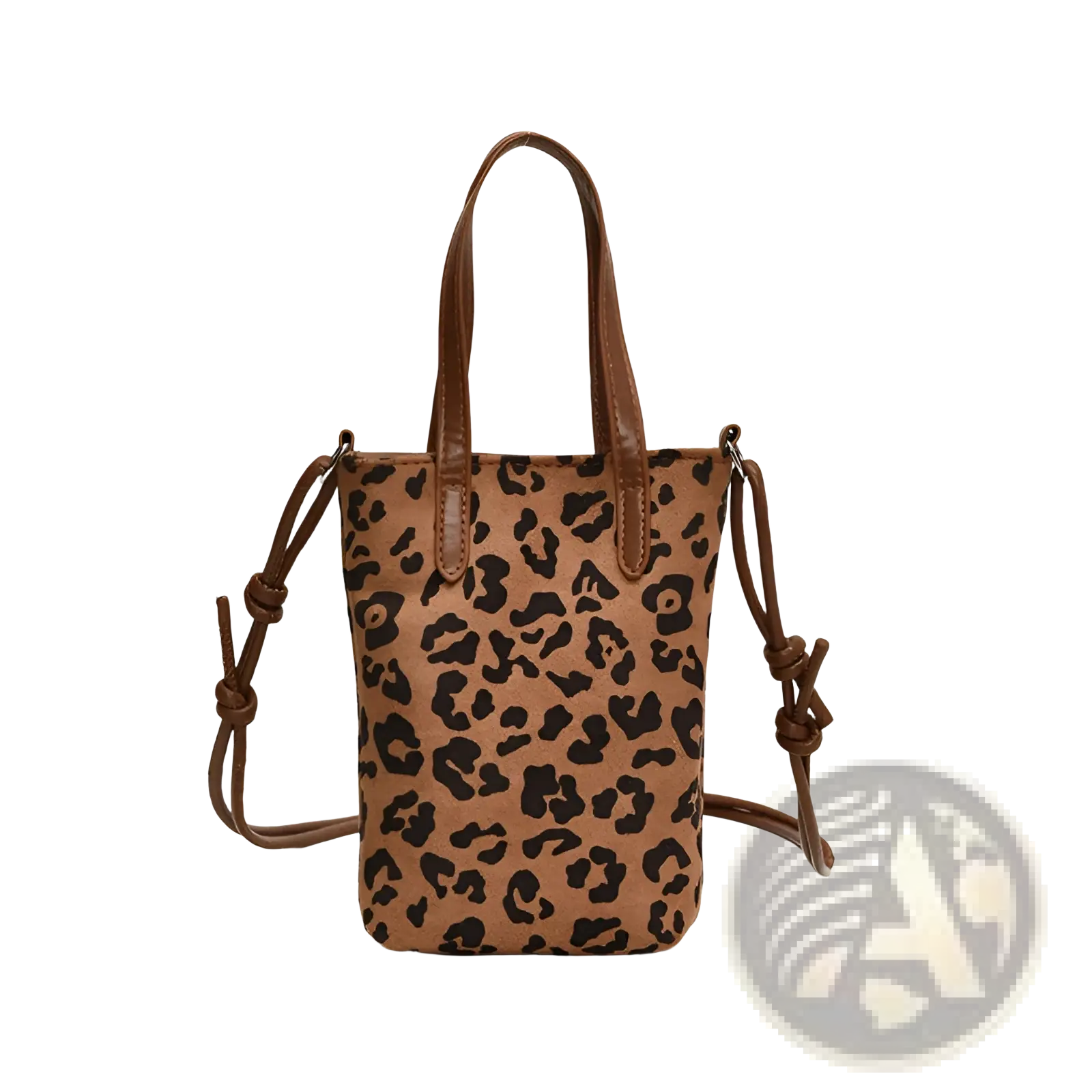Retro leopard print suede mini bucket crossbody bag with brown leopard print and matching leather handles and strap