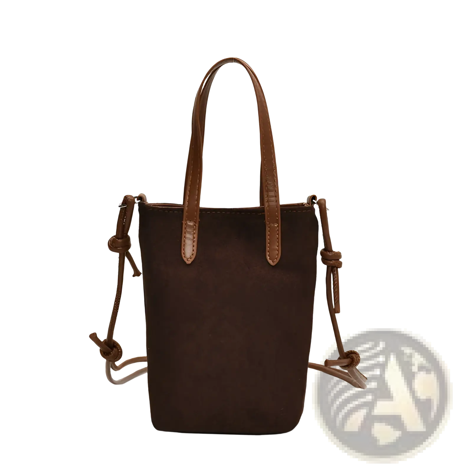 Brown suede mini bucket crossbody bag with matching leather handles and adjustable strap for versatile use