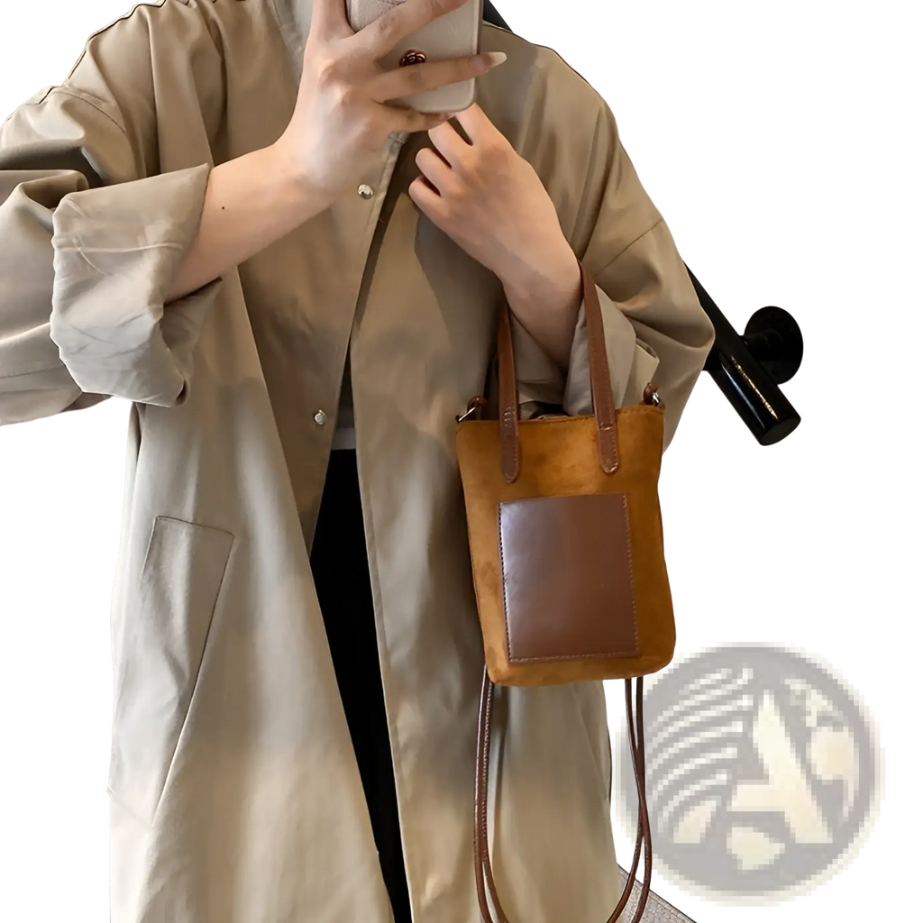 Retro leopard print suede mini bucket crossbody bag in tan with brown leather front panel and matching handles