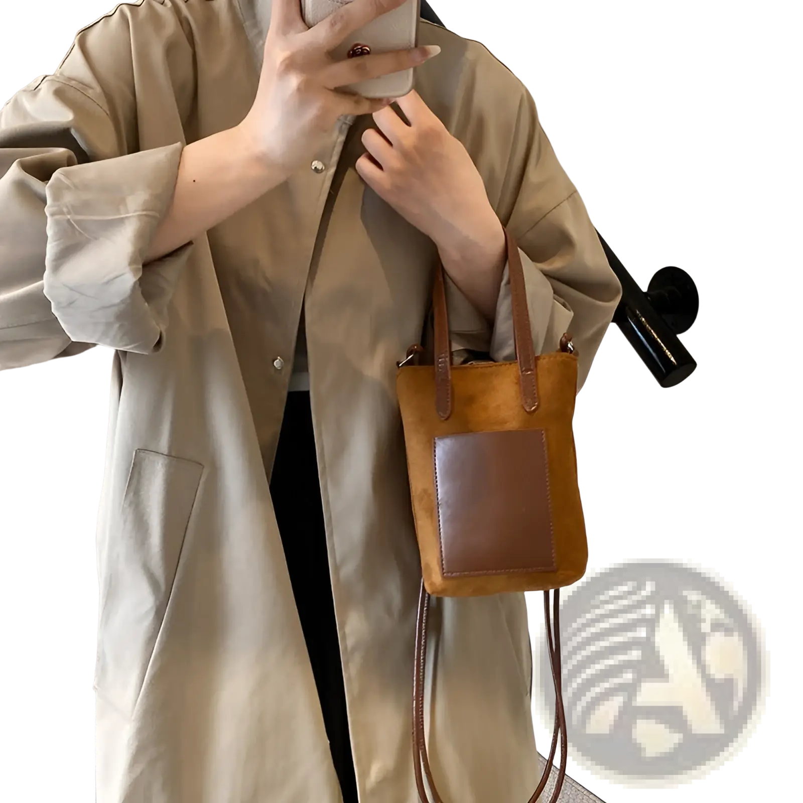 Retro leopard print suede mini bucket crossbody bag in tan with brown leather front panel and matching handles