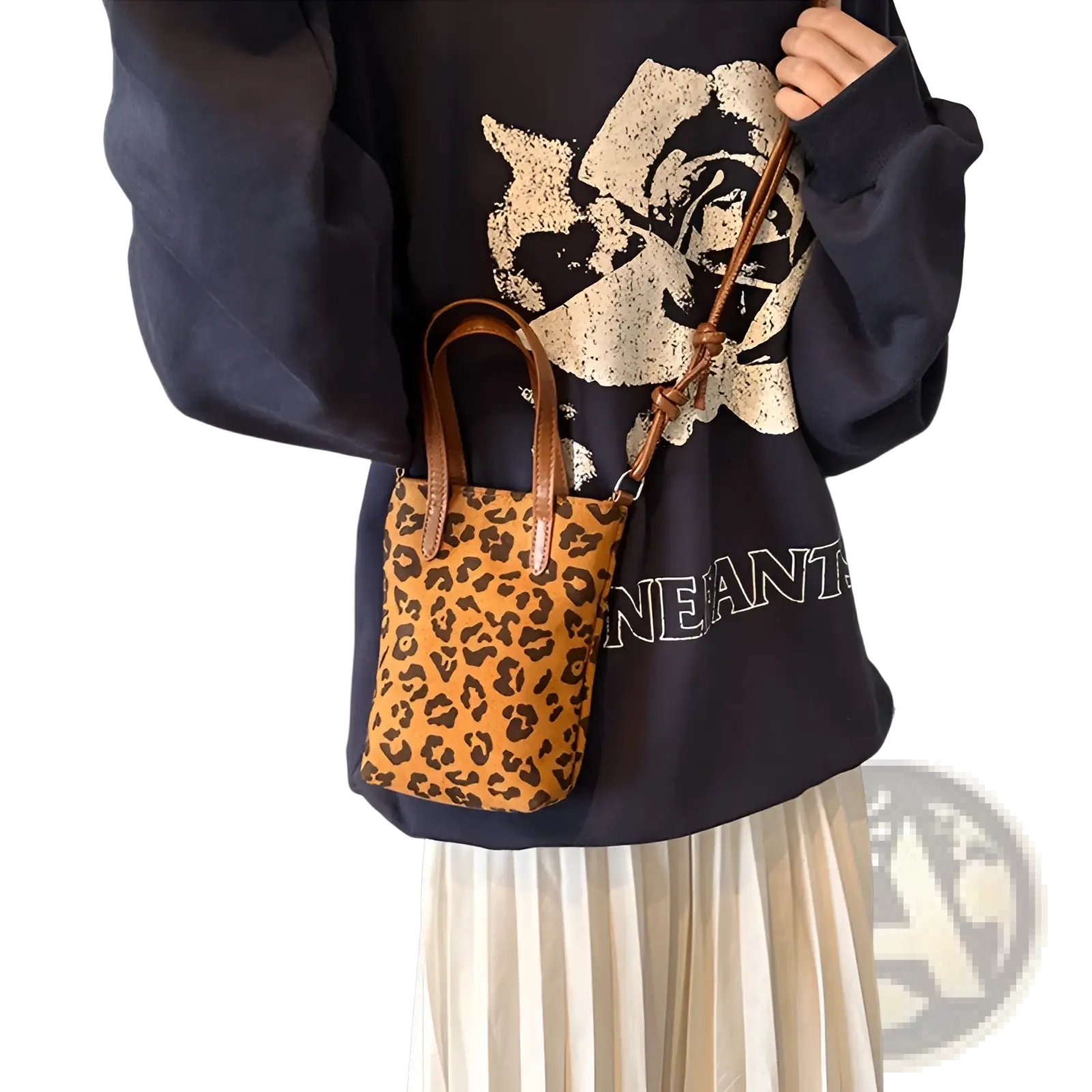 Retro leopard print suede mini bucket crossbody bag in tan and brown with short handle and adjustable shoulder strap
