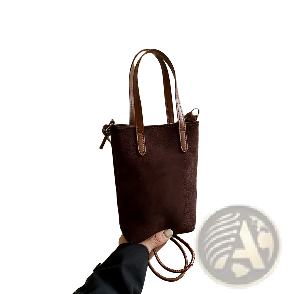 Brown suede retro leopard print mini tote bag with matching leather handles and detachable strap for crossbody use