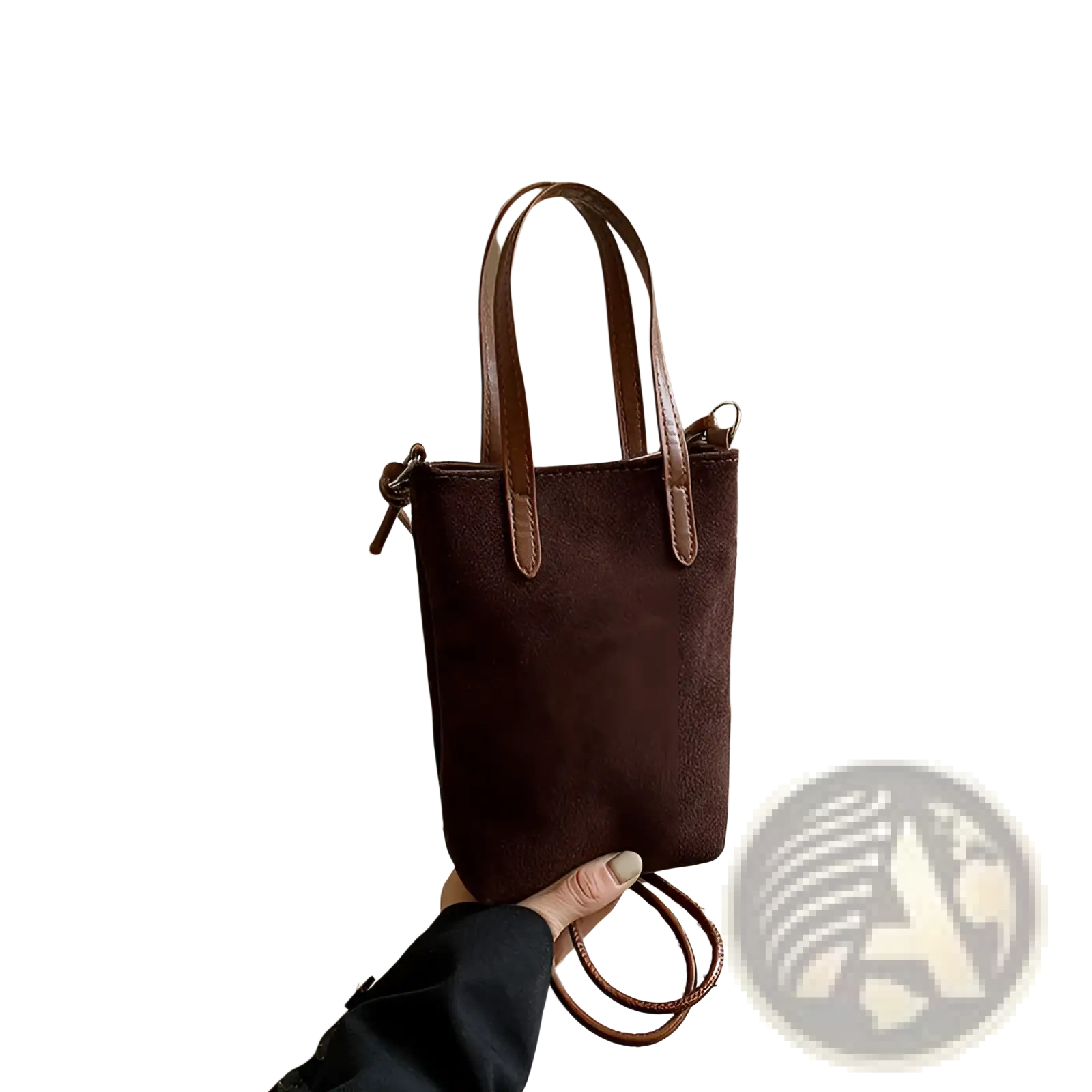 Brown suede retro leopard print mini tote bag with matching leather handles and detachable strap for crossbody use