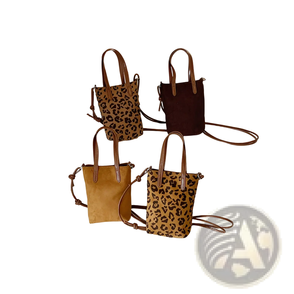 Retro leopard print suede mini bucket crossbody bags with solid colors brown leather handles and adjustable straps