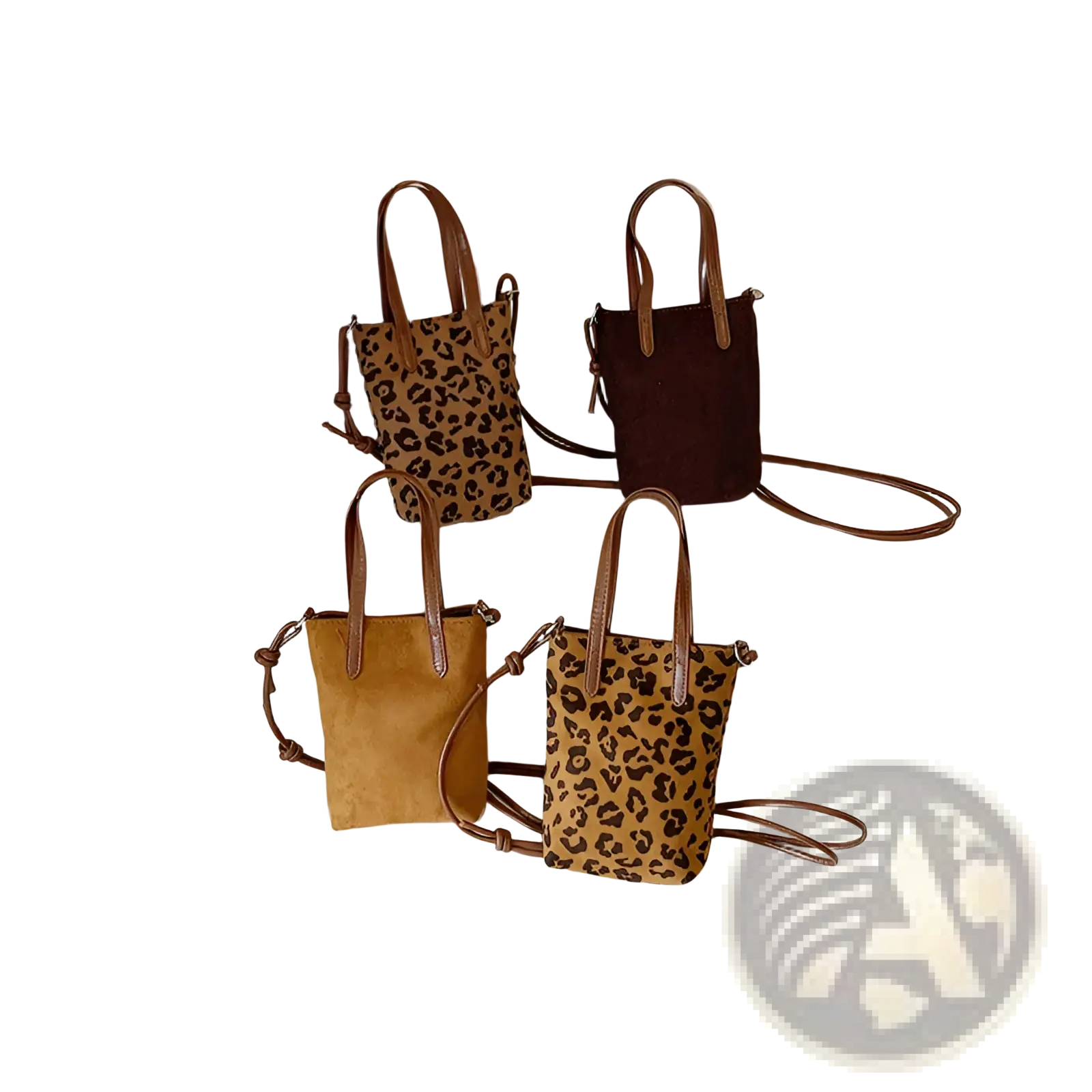 Retro leopard print suede mini bucket crossbody bags with solid colors brown leather handles and adjustable straps