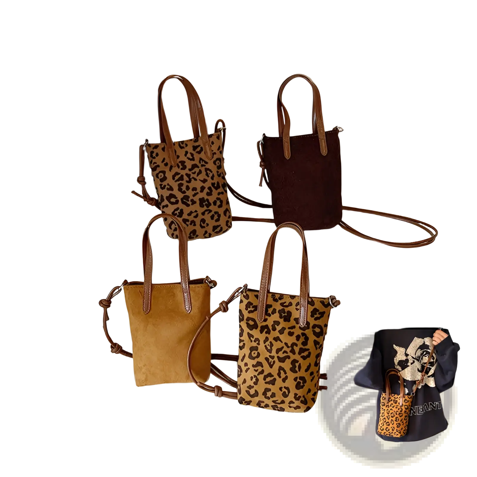 Retro leopard print suede mini bucket crossbody bags with brown leather handles and adjustable straps