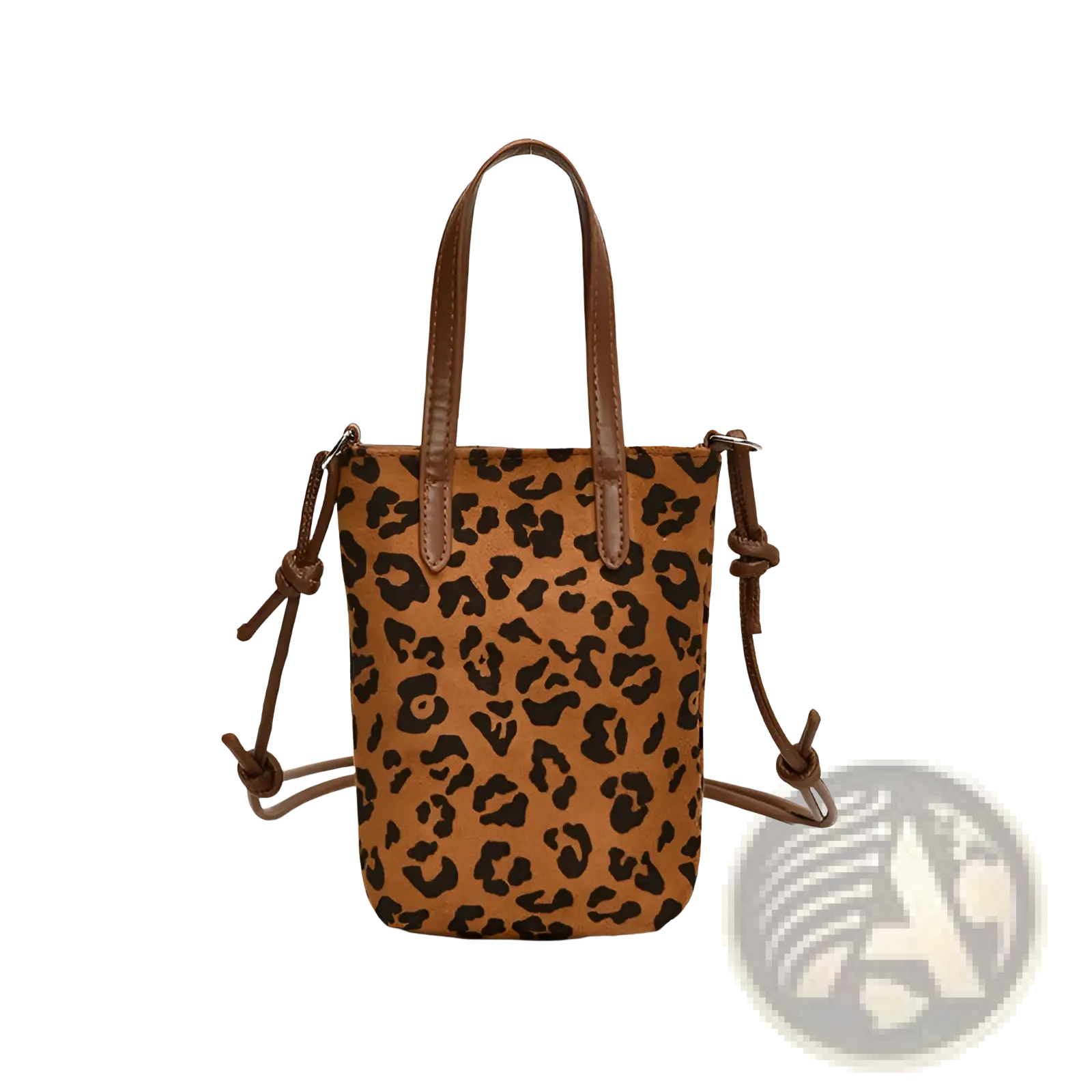 Retro leopard print suede mini bucket crossbody bag with tan leopard print and brown leather handles and strap