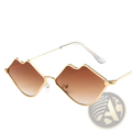 Retro lip shaped fashion sunglasses with gold-toned frames and gradient brown lenses in a lip design style