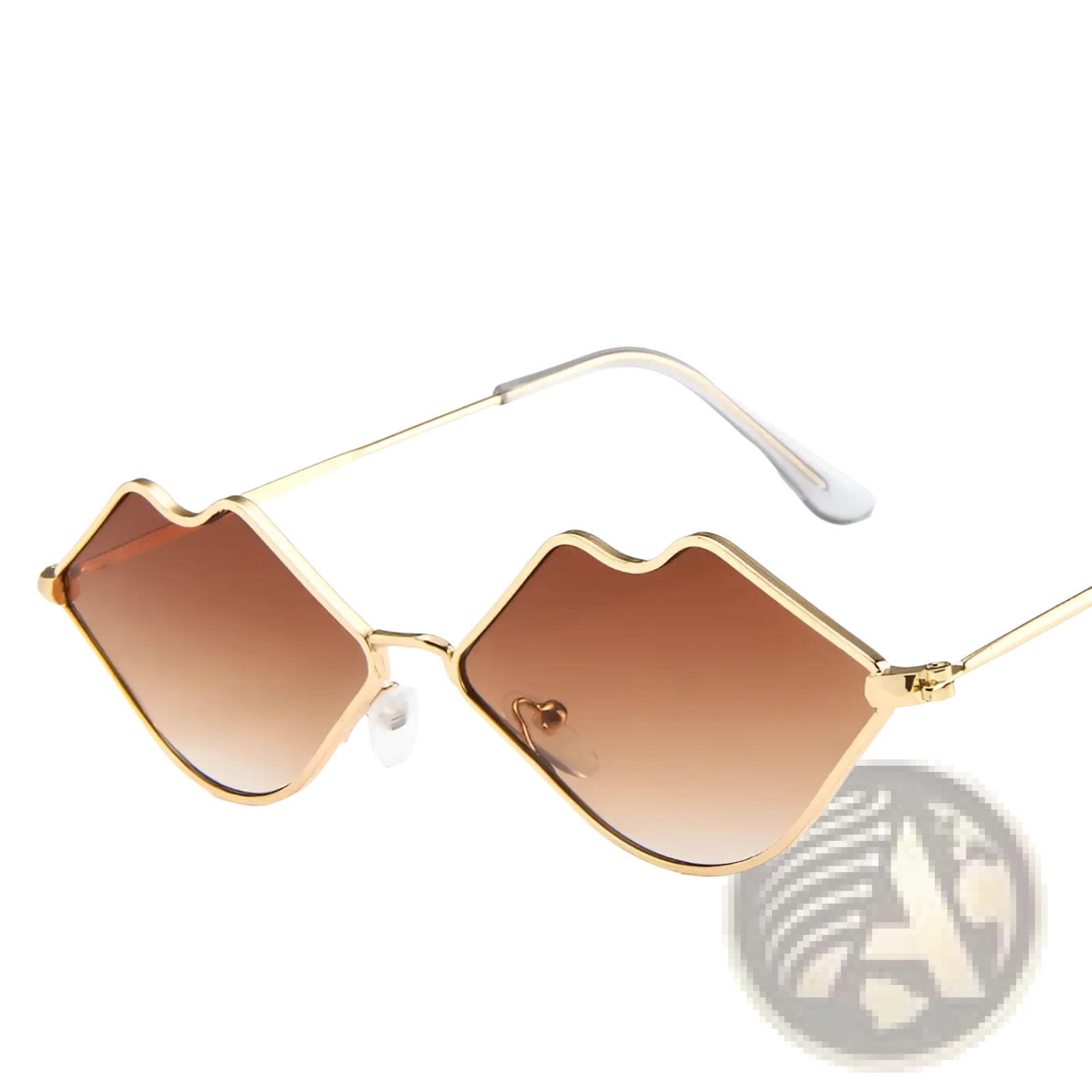Retro lip shaped fashion sunglasses with gold-toned frames and gradient brown lenses in a lip design style