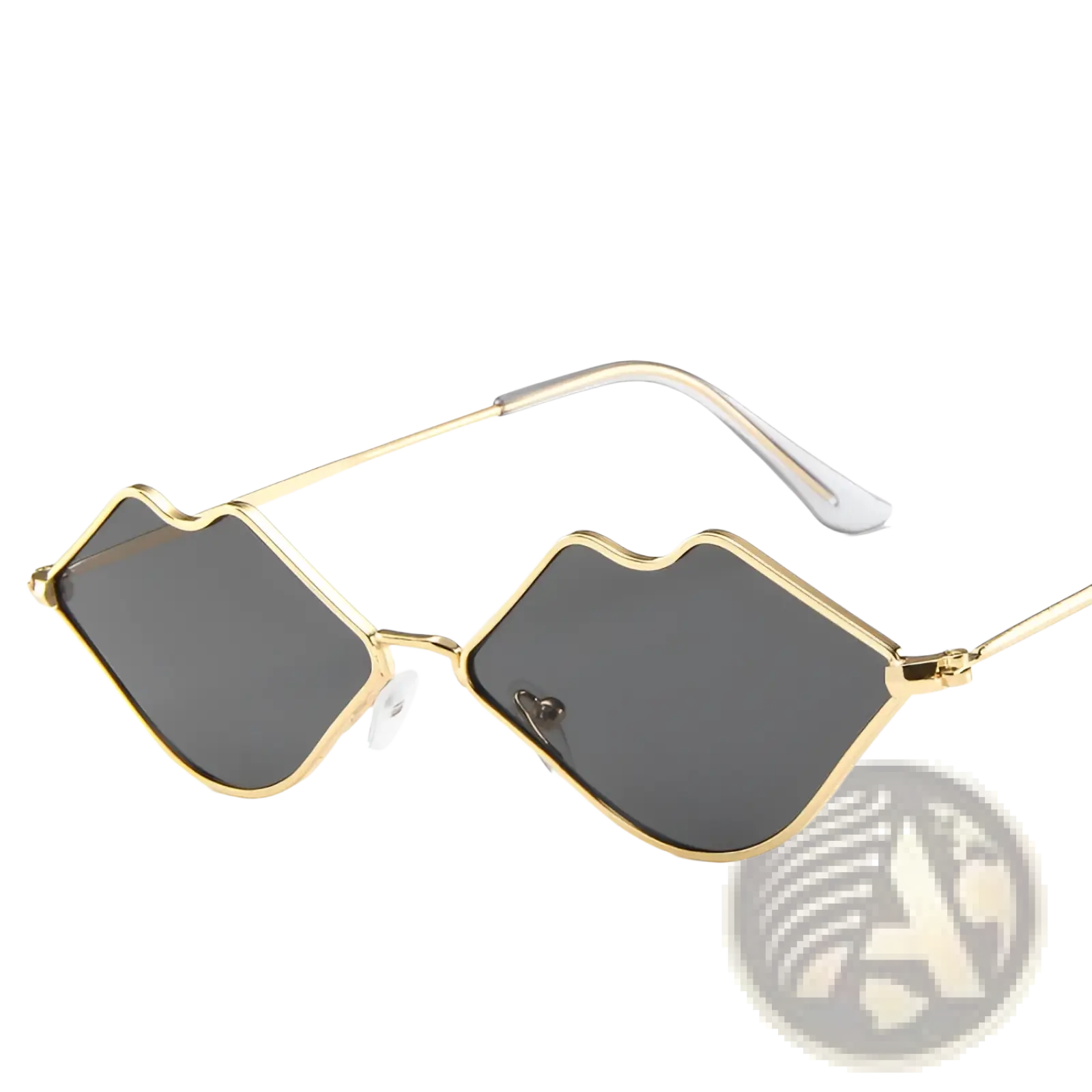 Retro lip shaped fashion sunglasses with gold rims dark gray lip-shaped lenses and black frames