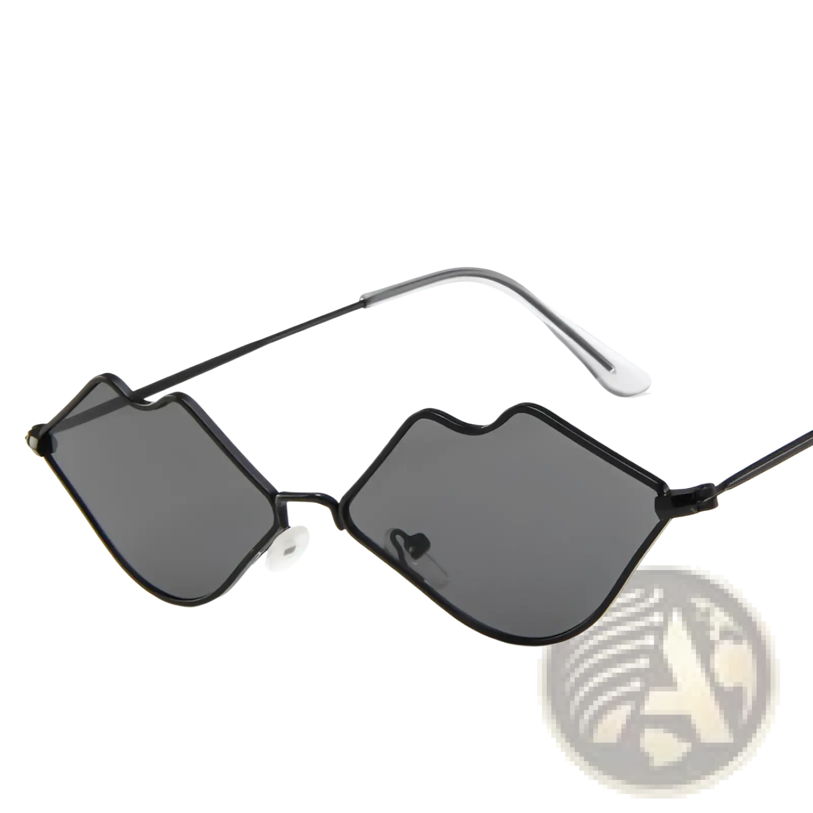 Retro lip shaped fashion sunglasses with black frames dark gray lenses and a sleek minimalist design