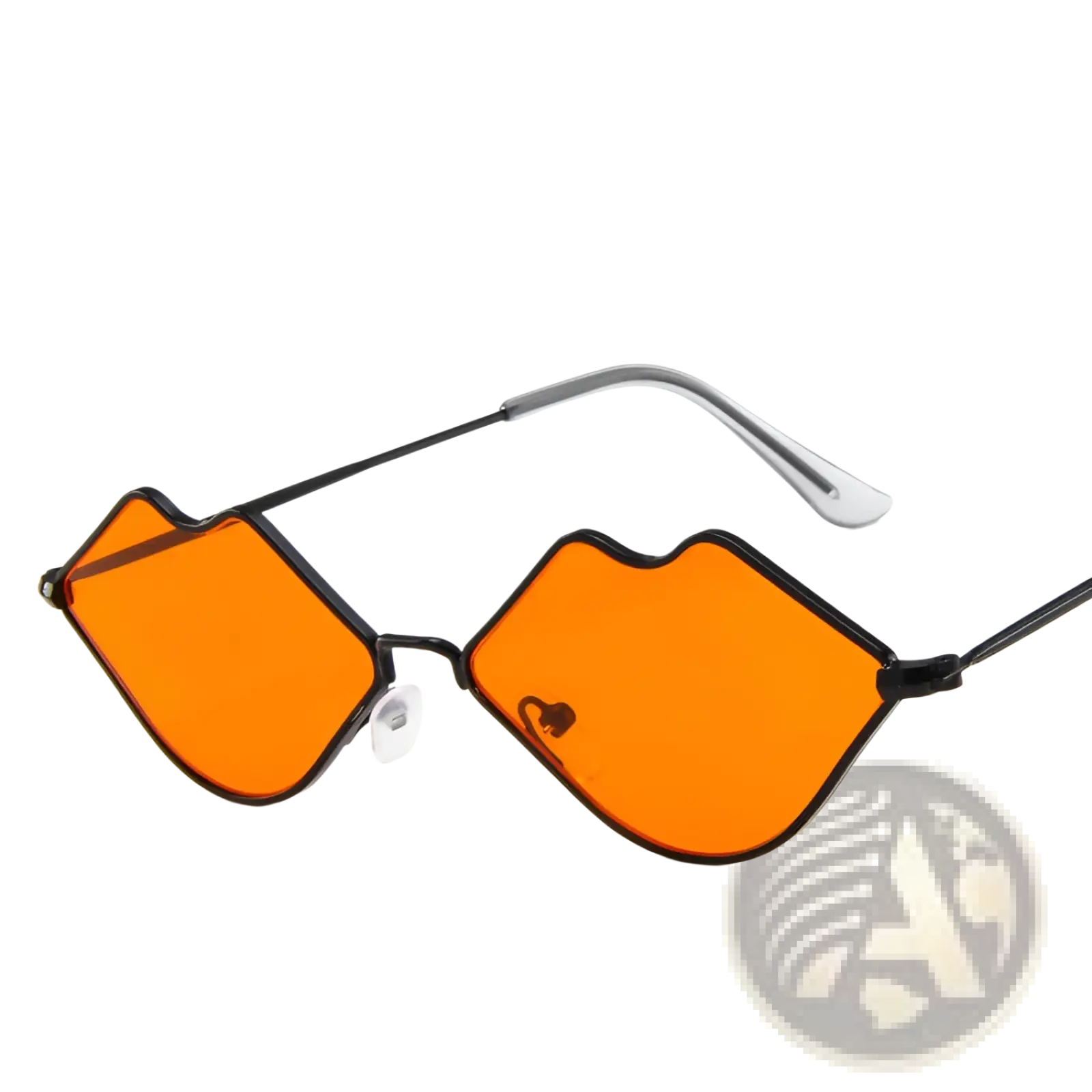 Retro lip shaped fashion sunglasses featuring orange lip designs with black frames and silver temple tips