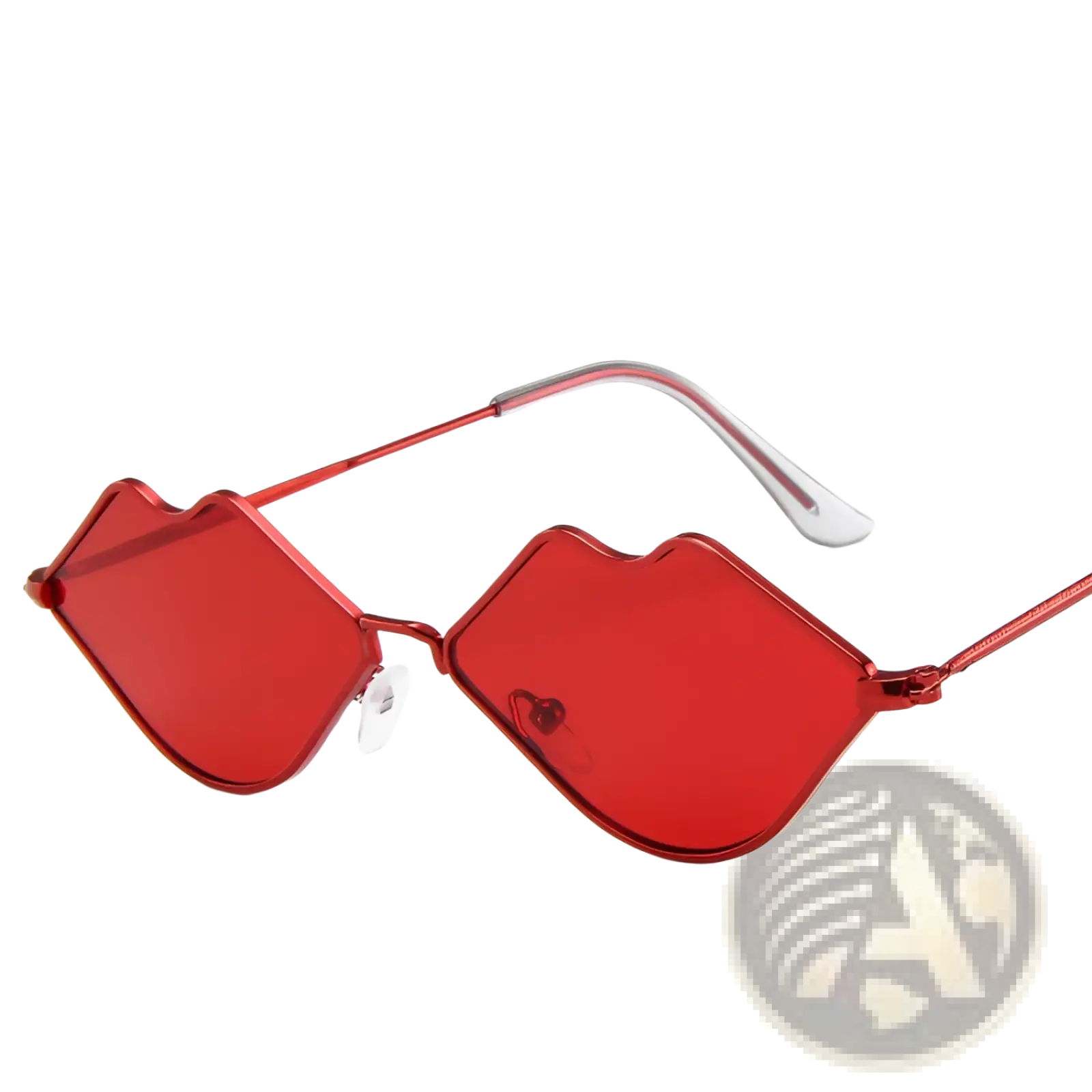 Retro lip shaped fashion sunglasses featuring red lip lenses and a metallic frame with black accents