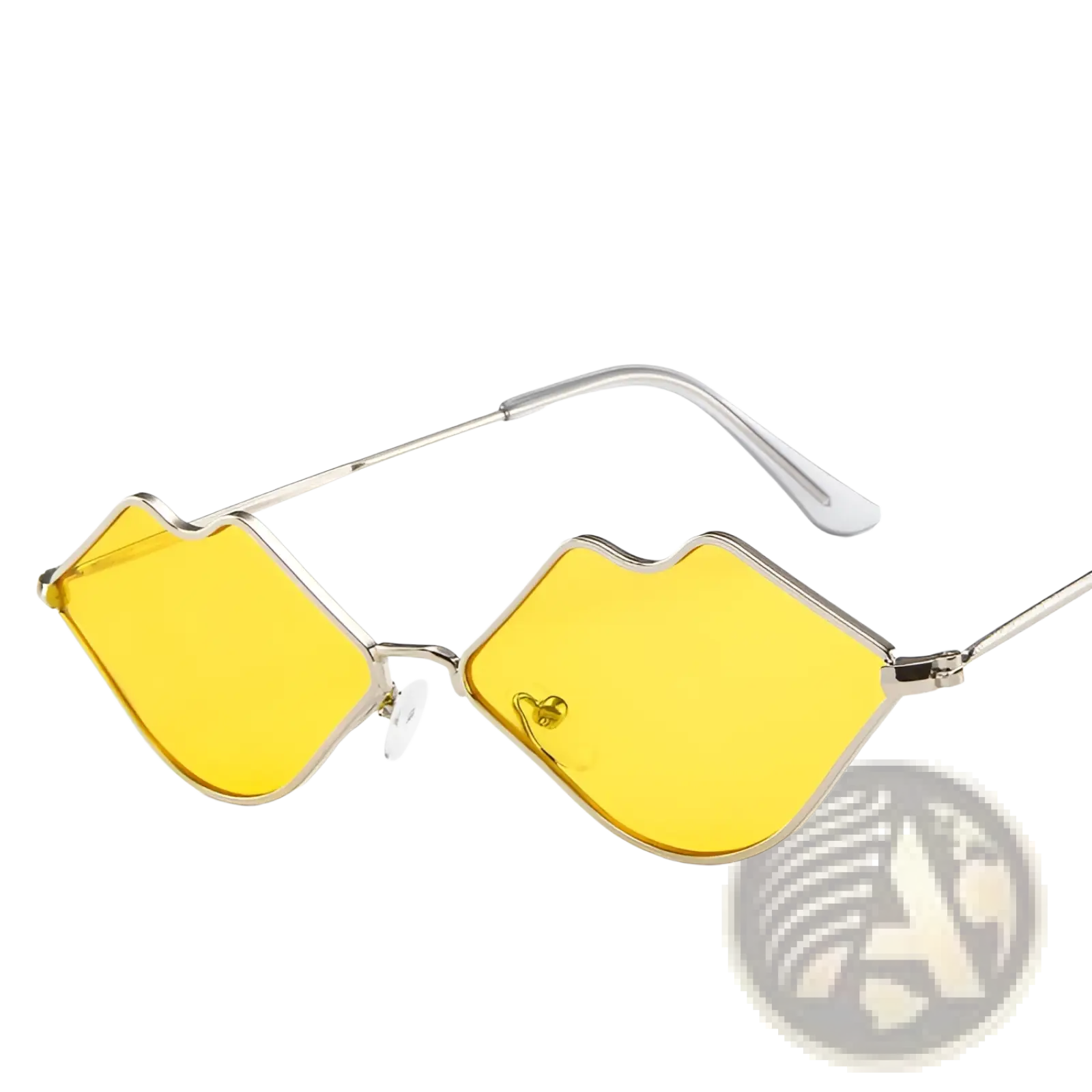 Retro lip shaped fashion sunglasses featuring yellow lip shaped lenses with silver metal frames and black accents