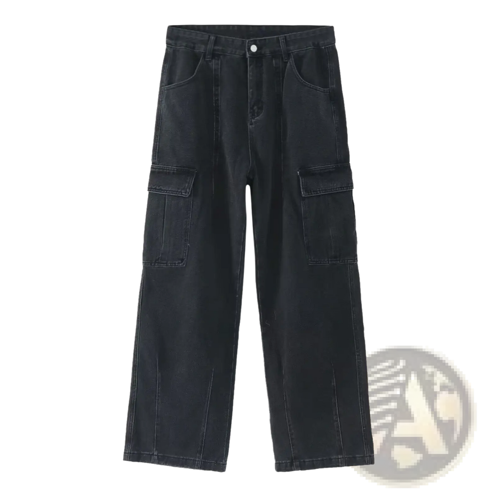 Black denim cargo pants with wide legs and large flap pockets for a retro loose fit style