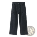 Black denim cargo pants with wide legs and large flap pockets for a retro loose fit style
