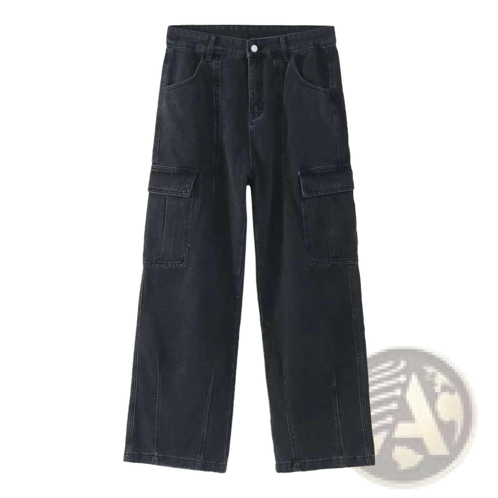 Black denim cargo pants with wide legs and large flap pockets for a retro loose fit style
