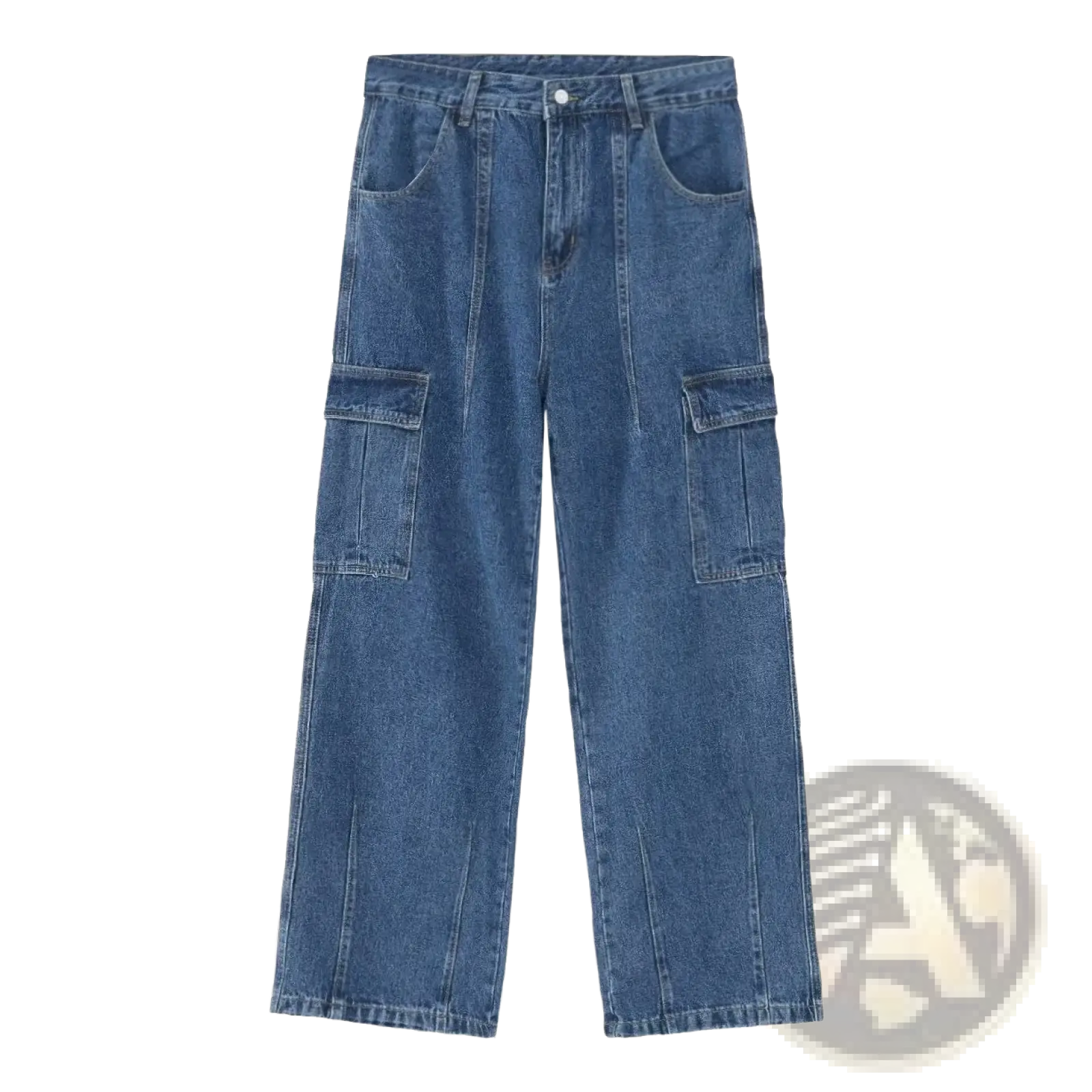 Blue denim cargo pants with wide legs and large flap pockets featuring a retro loose fit design