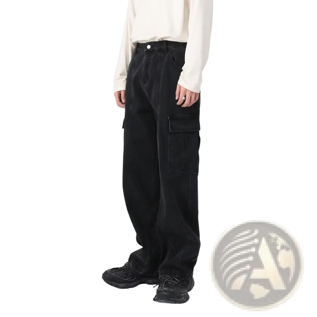 Black wide-leg denim cargo pants with large flap pockets and a relaxed retro loose fit style