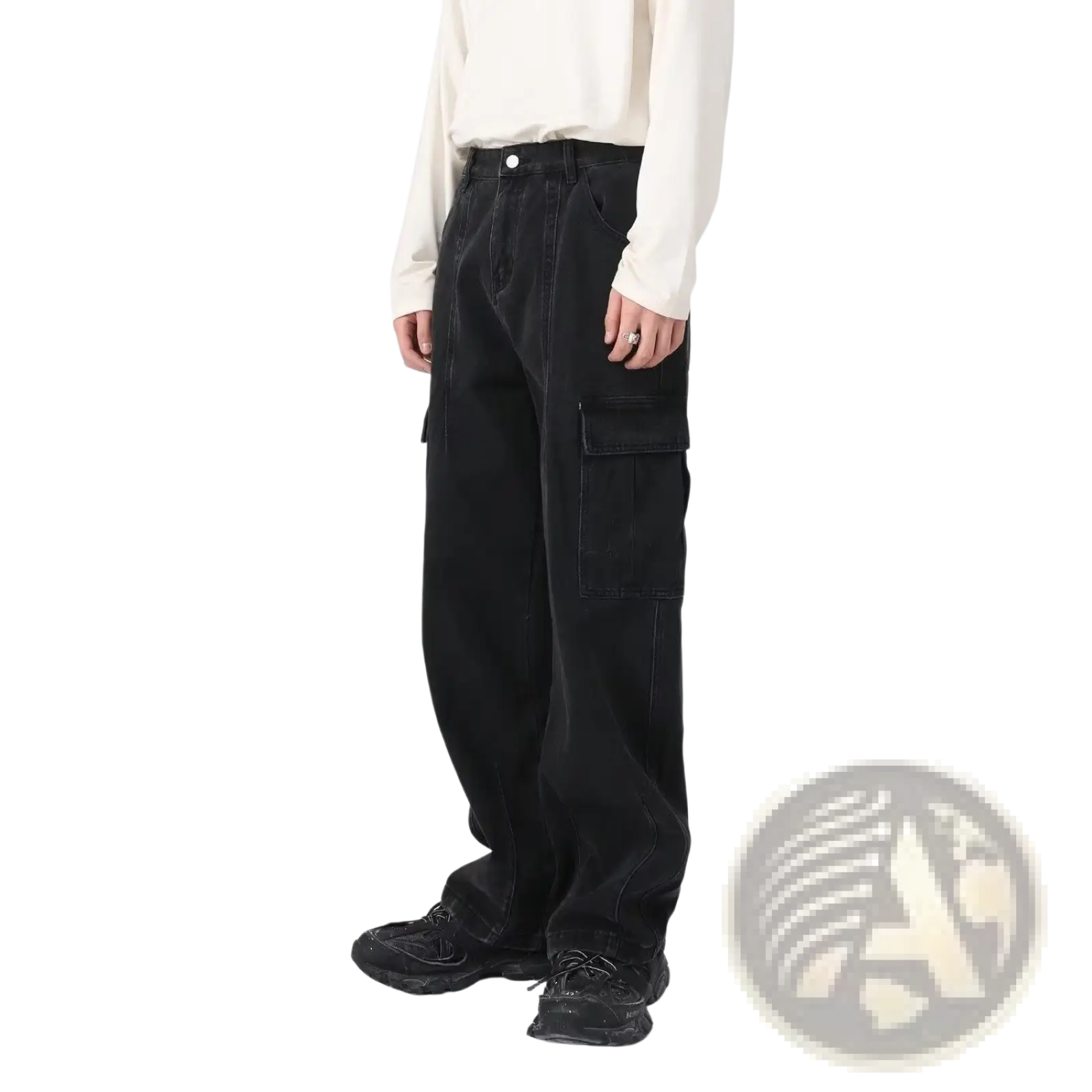 Black wide-leg denim cargo pants with large flap pockets and a relaxed retro loose fit style