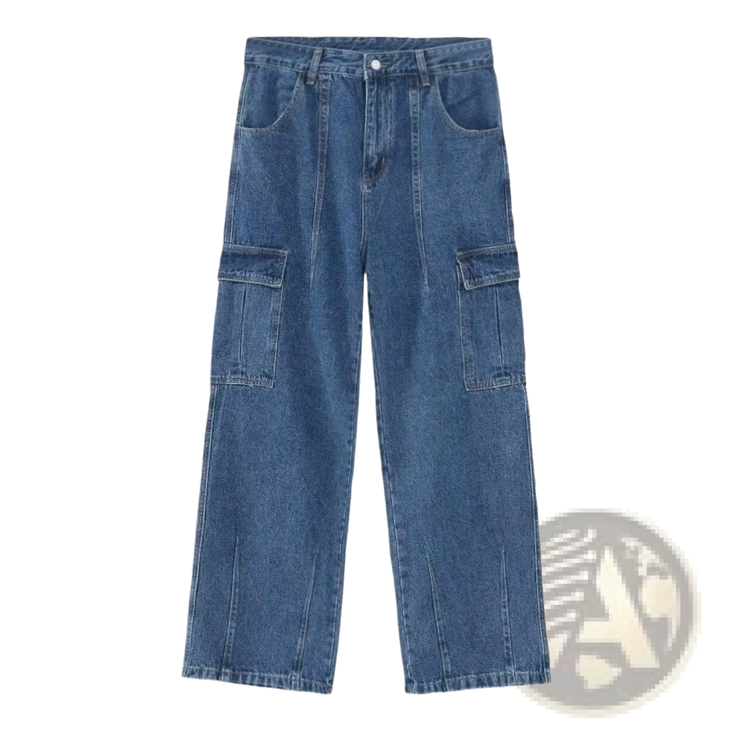 Retro loose fit wide leg denim cargo pants in blue with large flap pockets and a casual style