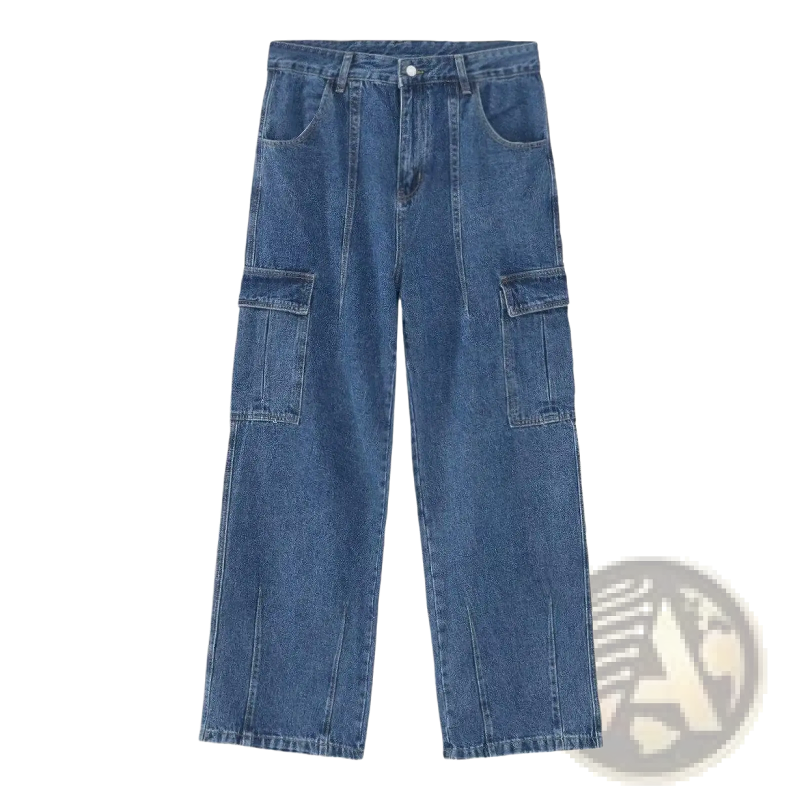 Retro loose fit wide leg denim cargo pants in blue with large flap pockets and a casual style