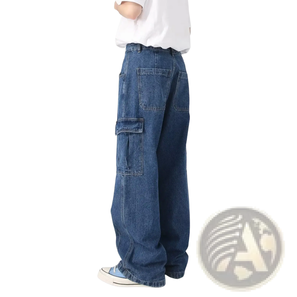 Retro loose fit wide leg denim cargo pants in blue with multiple pockets and a comfortable loose fit design