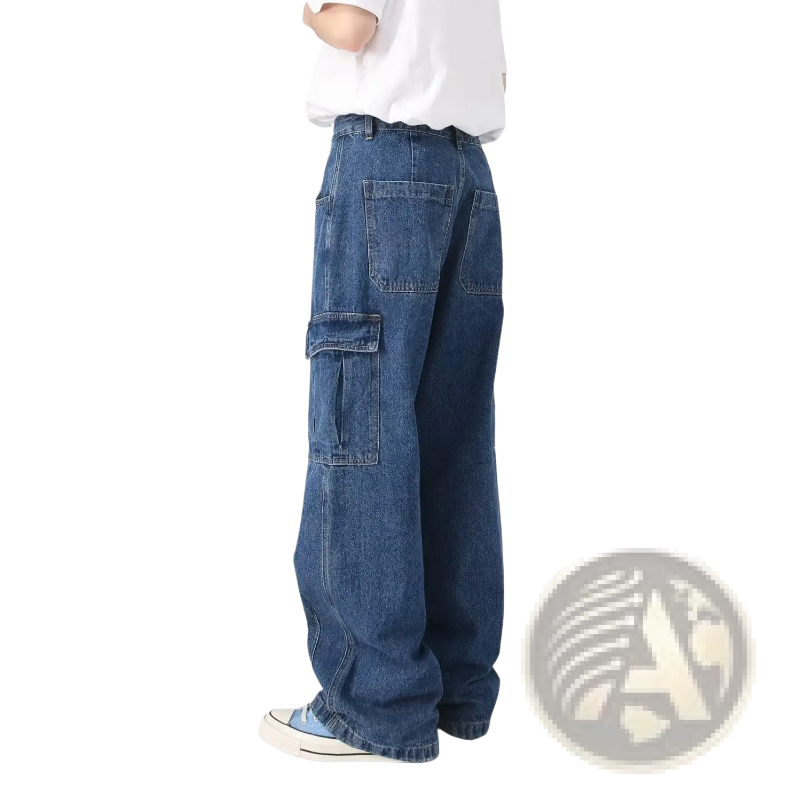 Retro loose fit wide leg denim cargo pants in blue with multiple pockets and a comfortable loose fit design