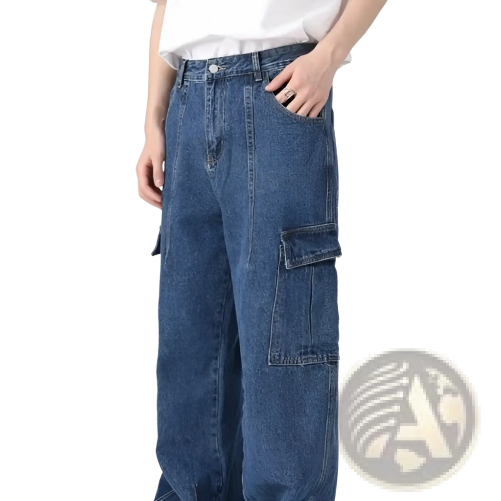 Blue denim cargo pants with large side pockets and a relaxed fit in a retro loose fit wide leg style