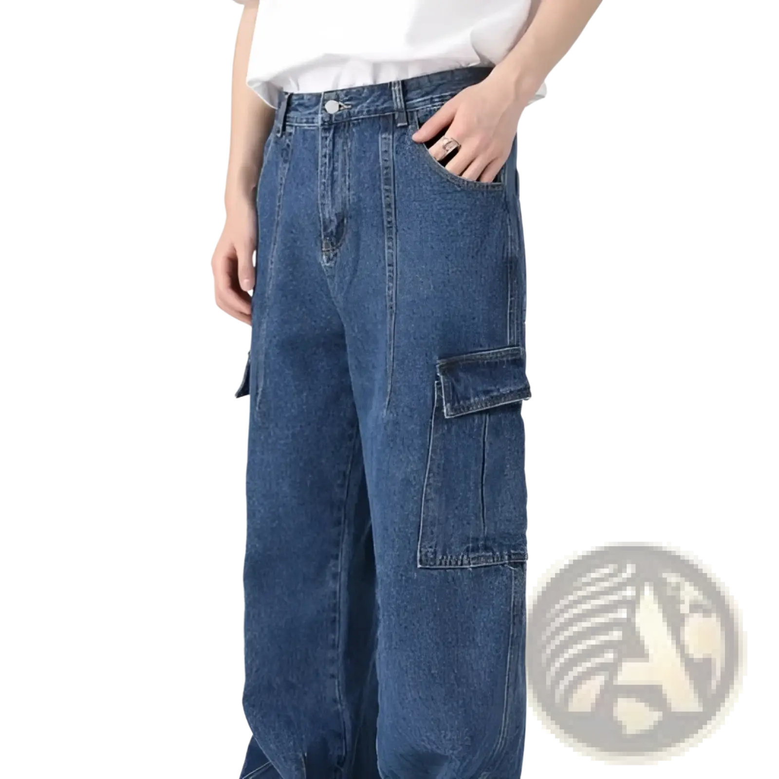 Blue denim cargo pants with large side pockets and a relaxed fit in a retro loose fit wide leg style