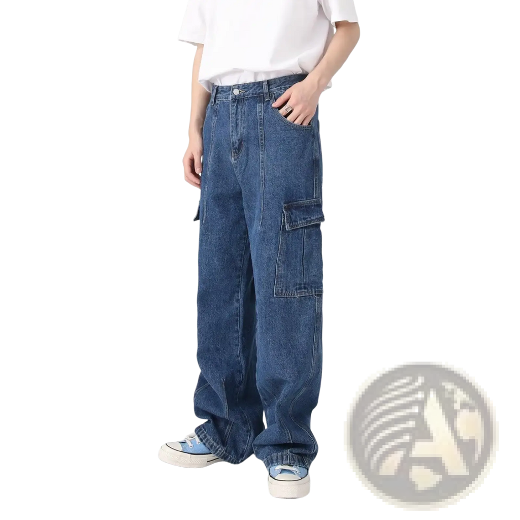 Blue denim cargo pants with large side pockets and a relaxed wide leg fit in retro loose fit style