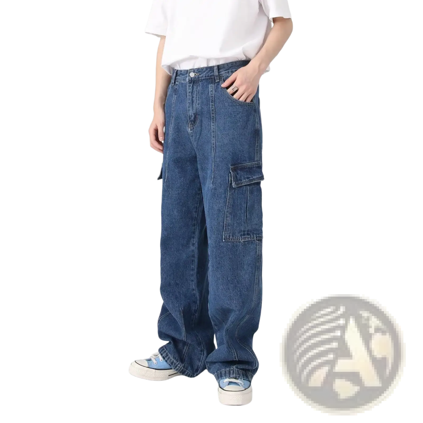 Blue denim cargo pants with large side pockets and a relaxed wide leg fit in retro loose fit style