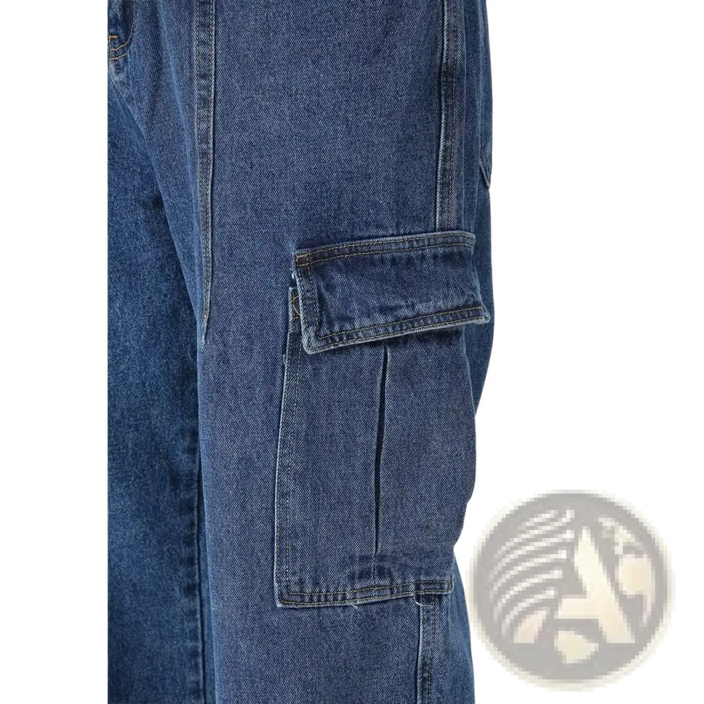 Dark blue denim retro loose fit wide leg cargo pants with a prominent flap pocket and visible stitching