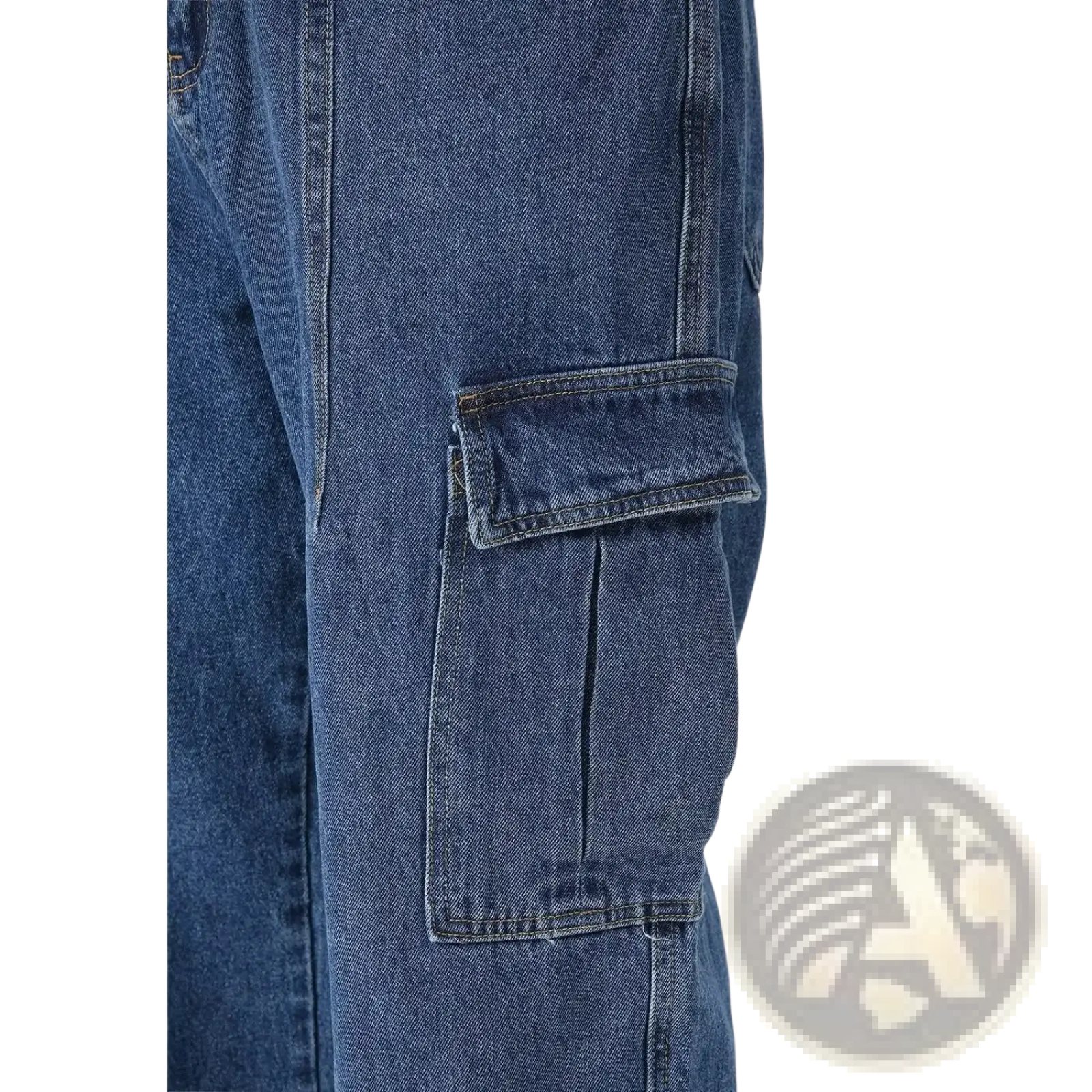 Dark blue denim retro loose fit wide leg cargo pants with a prominent flap pocket and visible stitching