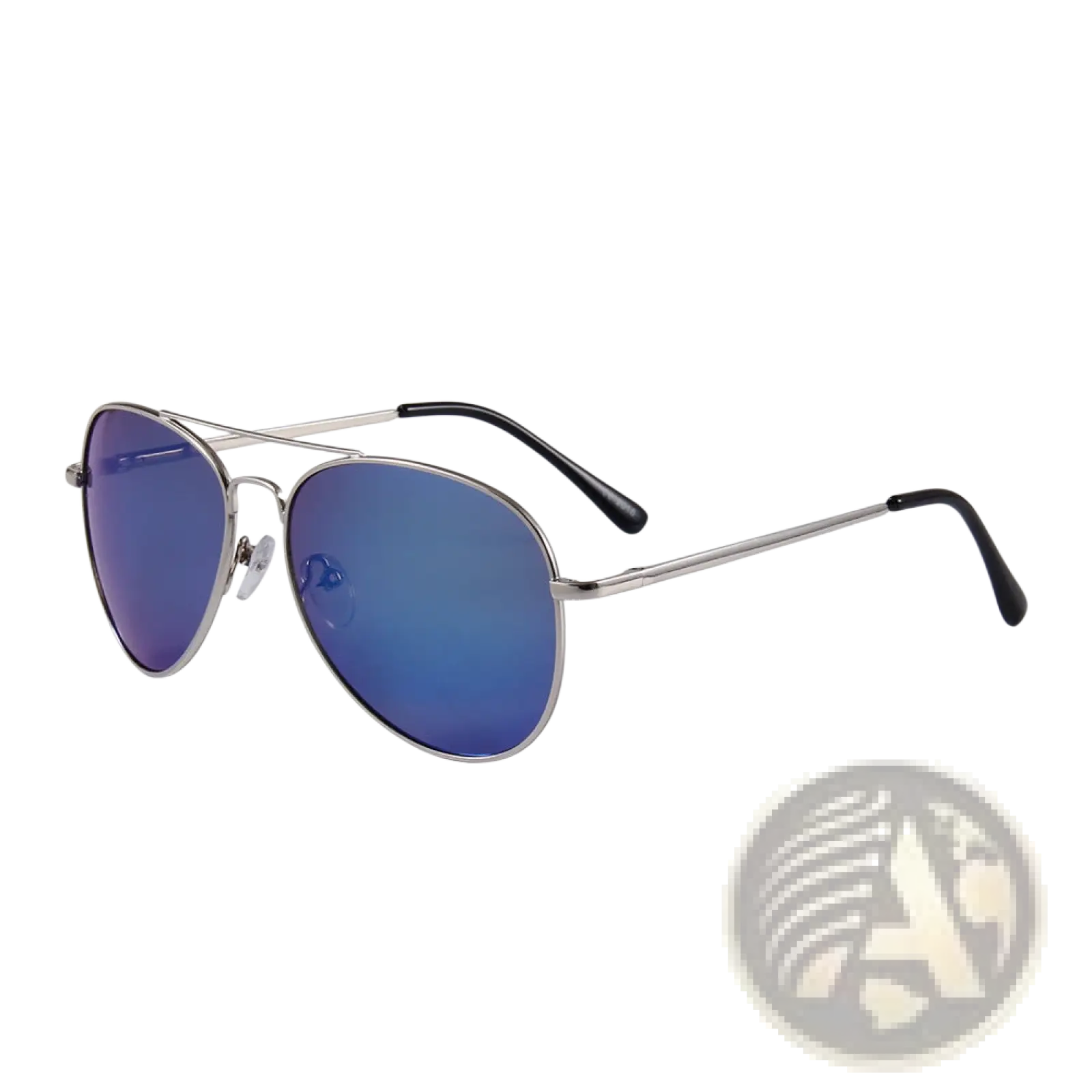 Silver-framed retro metal aviator sunglasses with blue uv400 mirrored lenses and black temple tips
