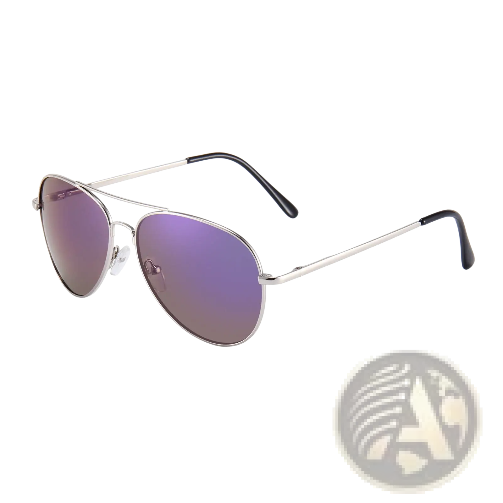 Retro metal aviator sunglasses with silver frame, uv400 gradient purple mirrored lenses, and black temple tips