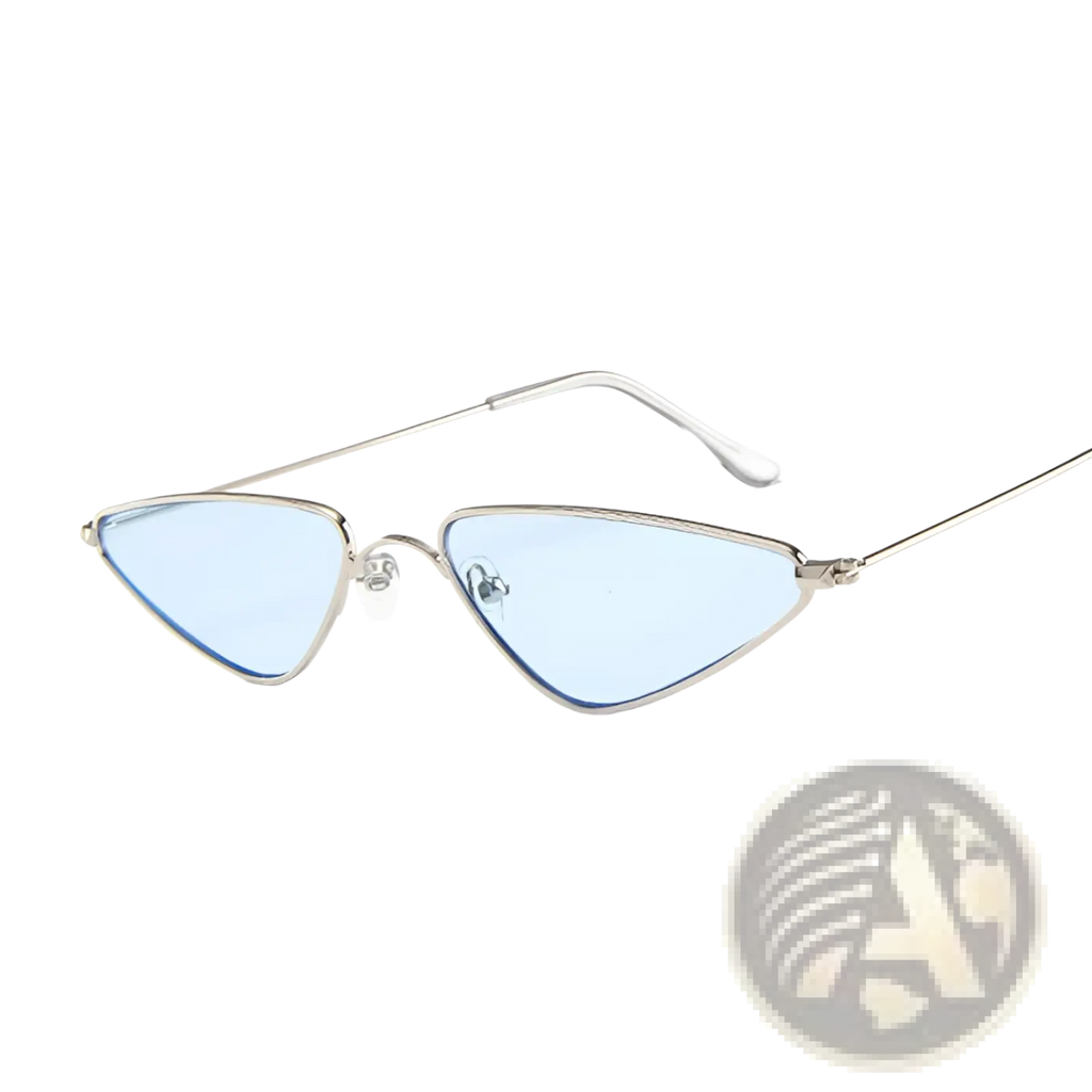Silver-framed retro metal cat eye triangle sunglasses with light blue lenses for stylish sun protection