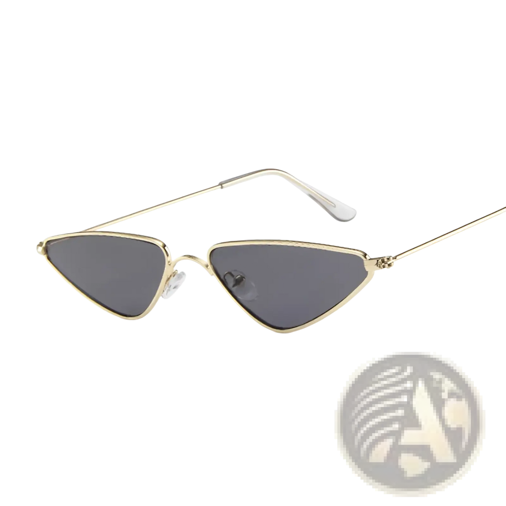 Gold-toned metal retro cat eye triangle sunglasses with dark gray lenses and sleek minimalist design