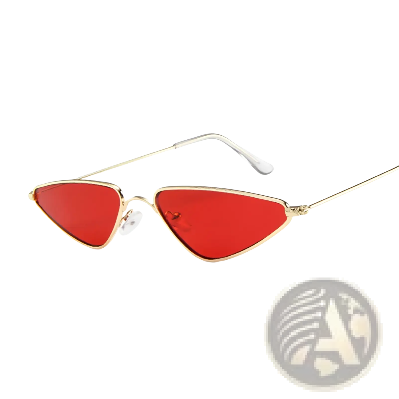 Retro metal cat eye triangle sunglasses with red triangular lenses and a gold-toned metal frame