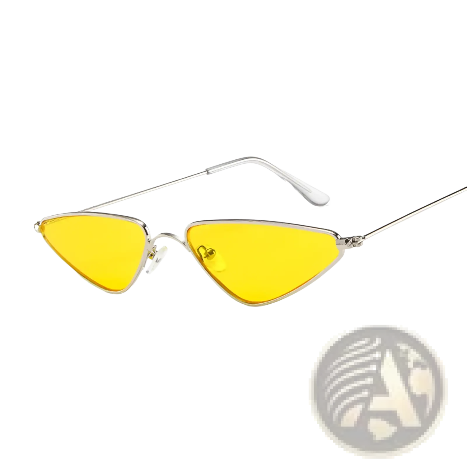Retro metal cat eye triangle sunglasses featuring yellow triangular lenses with a sleek silver metal frame
