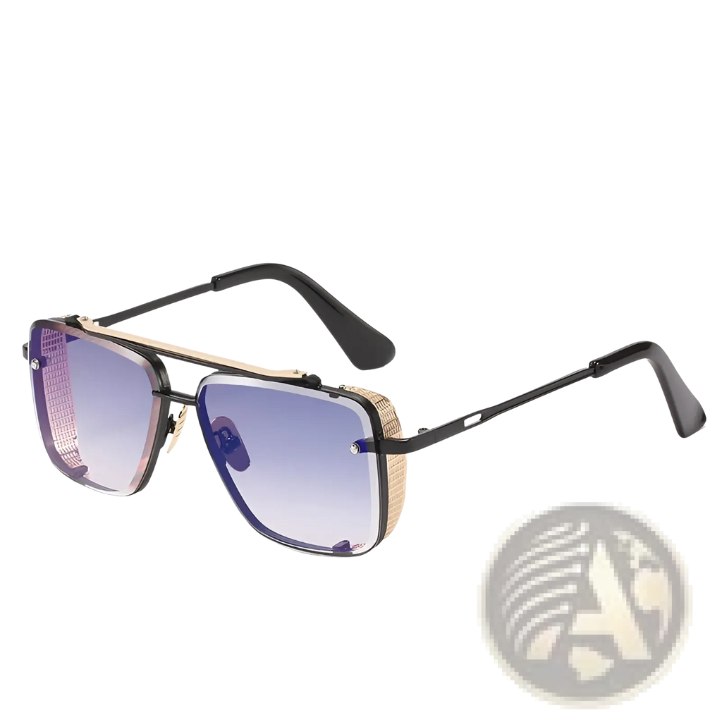 Retro metal mesh aviator sunglasses with black frames, gradient blue purple uv400 lenses, and gold-tone textured accents