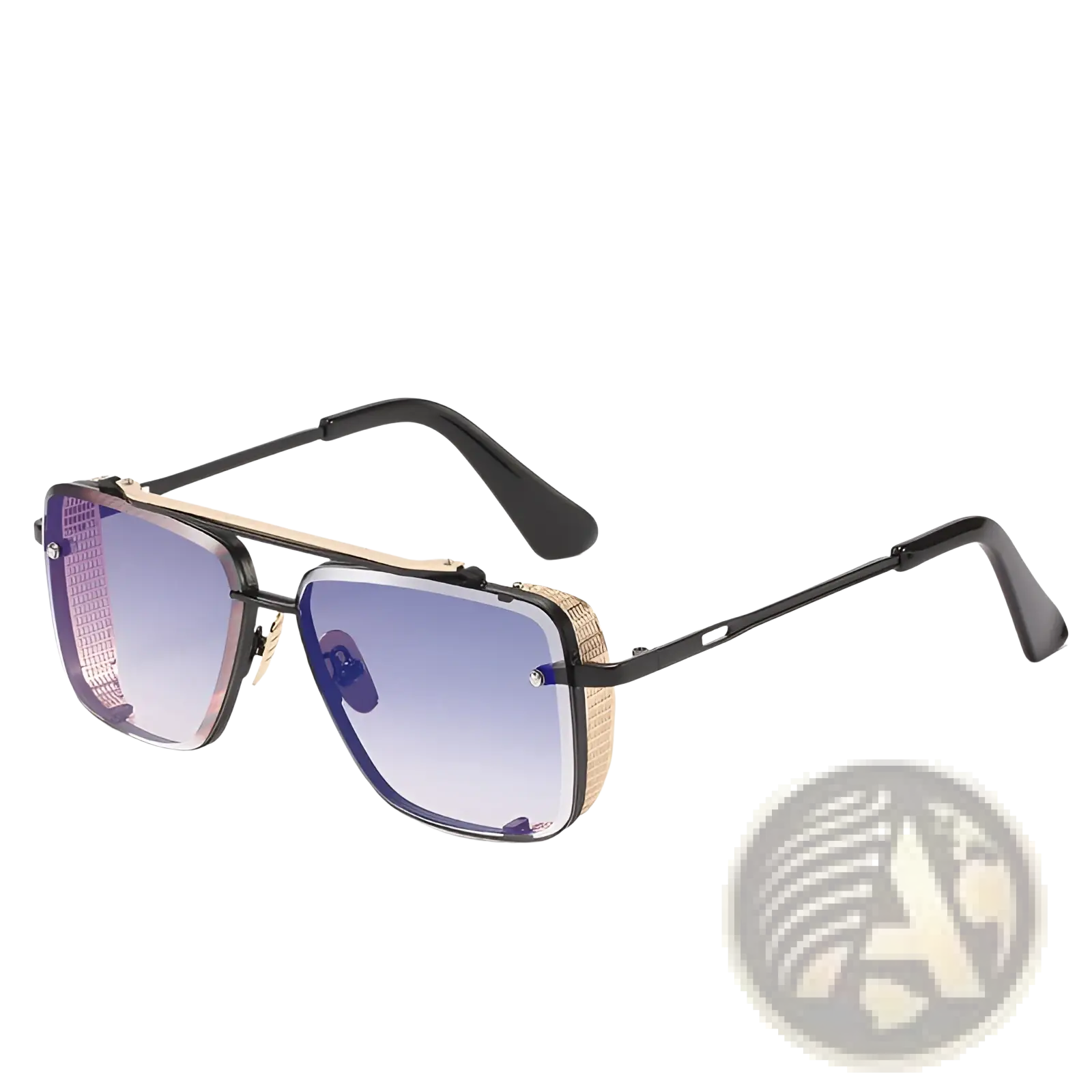 Retro metal mesh aviator sunglasses with black frames, gradient blue purple uv400 lenses, and gold-tone textured accents