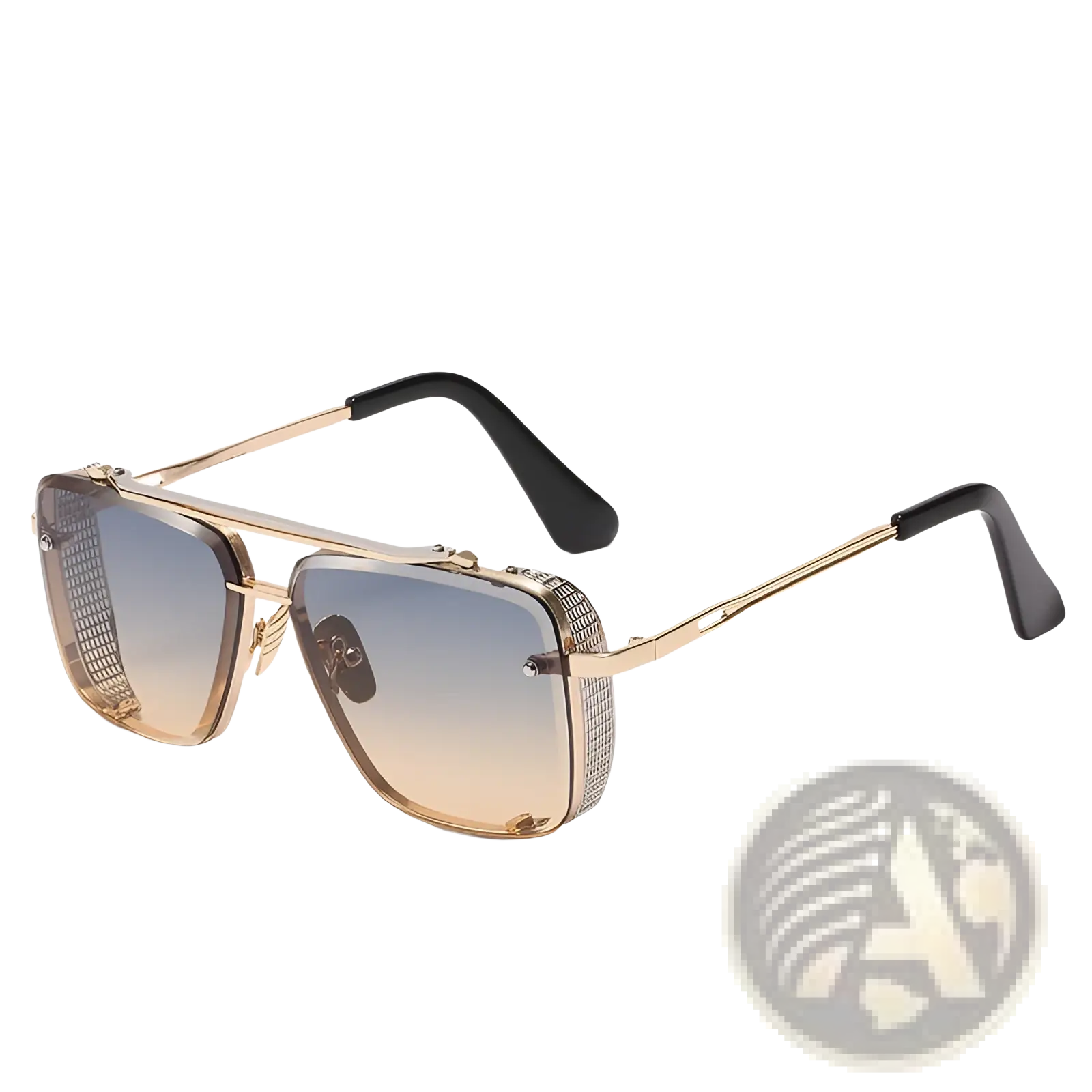 Gold-toned retro metal mesh aviator sunglasses with gradient brown UV400 lenses and textured metallic side panels