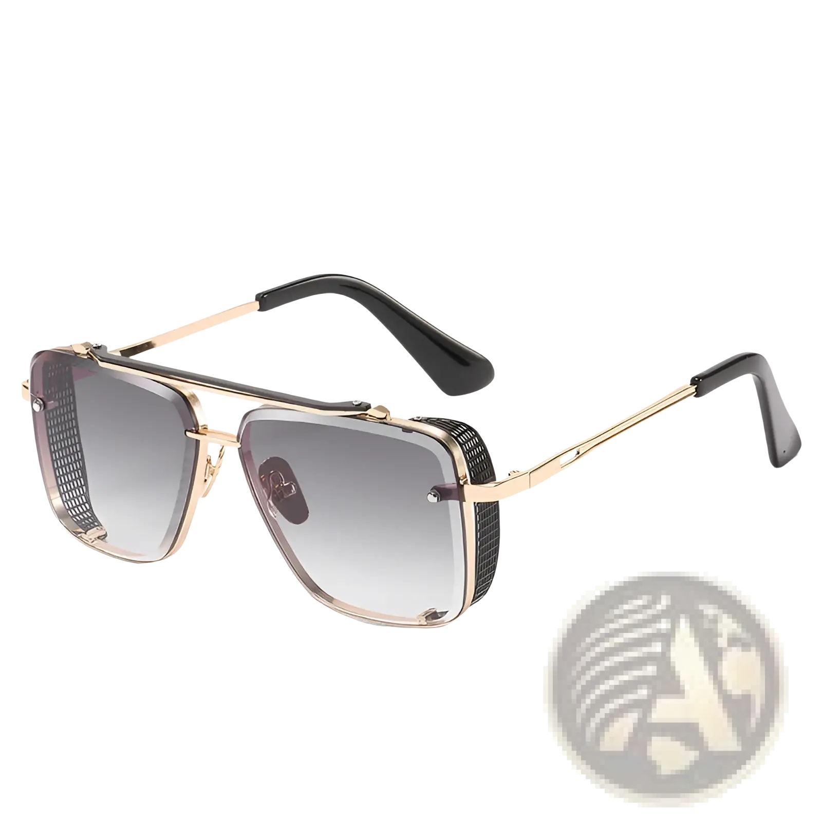 Retro metal mesh aviator sunglasses with gold-toned frame, gradient gray lenses, and black mesh-textured side panels