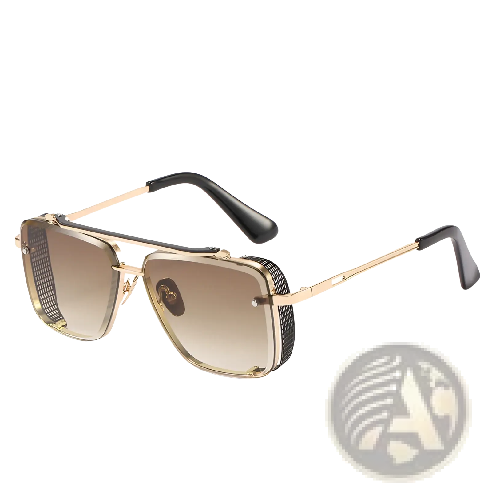 Gold-toned retro metal mesh aviator sunglasses with black mesh side panels and uv400 gradient brown lenses