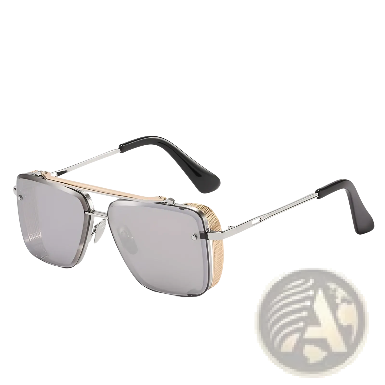 Retro metal mesh aviator sunglasses with silver mirrored lenses gold textured side panel and black temple tips uv400
